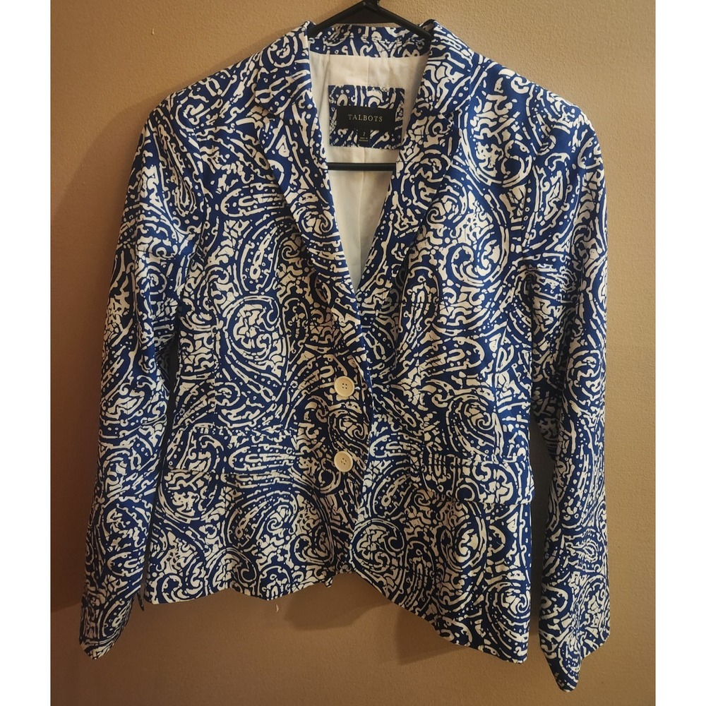 Talbots White Blue Paisley Batik Print Lightweight Summer Blazer Jacket Size 2